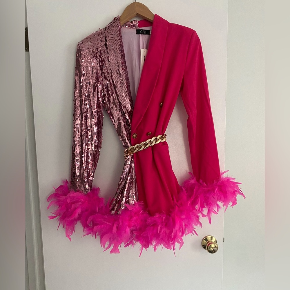 Blazer Vibrant Pink Sequin Blazer with Feather Trim - Picture 7 of 10
